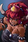  2018 alternate_species big_breasts bowser bowsette_meme breasts cleavage clothed clothing collar crossgender crown female green_eyes hair horn horned_humanoid humanoid humanoidized looking_at_viewer mario_bros nintendo nipple_bulge not_furry plagueofgripes pointy_ears red_hair simple_background smile solo super_crown video_games 