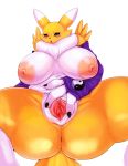  2018 3_fingers anthro areola armwear big_breasts black_sclera blue_eyes breasts bridal_gauntlets clothing digimon dipstick_ears facial_markings female hi_res huge_breasts looking_at_viewer markings matospectoru nipples pussy renamon simple_background solo spread_legs spread_pussy spreading thick_thighs white_background 