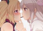  2girls akatsuki_yuni blonde_hair blush close food fujisaki_hikari gray_hair kiss long_hair natori_sana pocky purple_eyes red_eyes sana_channel translation_request uni_channel yuri 