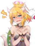  1girl absurdres armlet bare_shoulders blonde_hair blue_eyes blush bowsette breasts chain cleavage collar collarbone crown cuffs earrings eyebrows eyebrows_visible_through_hair gloves handcuffs highres horns jewelry large_breasts mario mario_(series) new_super_mario_bros._u_deluxe open_mouth pointy_ears ponytail sharp_teeth short_hair simple_background spiked_armlet spiked_collar spikes sunhyun super_crown tail tail_wagging teeth white_background white_gloves 