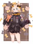  :d abigail_williams_(fate/grand_order) bangs black_bow black_jacket blonde_hair blue_eyes blush bow cropped_legs crossed_bandaids eyebrows_visible_through_hair fate/grand_order fate_(series) hair_bow hair_bun hands_up heroic_spirit_traveling_outfit highres jacket key lizi13896363898 long_hair long_sleeves open_mouth orange_bow parted_bangs polka_dot polka_dot_bow sleeves_past_fingers sleeves_past_wrists smile solo star stuffed_animal stuffed_toy teddy_bear 