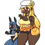  1girl bare_legs blonde_hair breasts creatures_(company) curvy dark_skin female game_freak gen_4_pokemon kirbila_(yellow_kirby) large_breasts long_hair lucario nintendo original pokemon short_shorts shorts yellow_kirby 