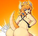  ass blonde_hair blue_eyes bowsette bracelet breasts collar commentary crown earrings english_commentary from_behind gradient gradient_background horns ilikefrenchfrys jewelry large_breasts mario_(series) new_super_mario_bros._u_deluxe orange_background pointy_ears ponytail sharp_teeth spiked_bracelet spiked_collar spiked_tail spikes super_crown tail teeth 