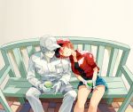  1girl ae-3803 ahoge bench blush cabbie_hat chinese_commentary closed_eyes commentary couple cup embarrassed flat_cap gloves green_tea hair_over_one_eye hat hataraku_saibou head_on_another's_shoulder jacket long_sleeves pants red_blood_cell_(hataraku_saibou) red_hair short_hair shorts sitting sleeping sleeping_upright tea touming_mao u-1146 uniform wavy_mouth white_blood_cell_(hataraku_saibou) white_hair white_skin 