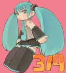  39 bare_shoulders black_legwear blue_eyes blue_hair blue_nails blue_neckwear collared_shirt commentary_request dated detached_sleeves ebimomo grey_shirt hatsune_miku long_hair looking_at_viewer nail_polish necktie pleated_skirt red_background shirt shoulder_tattoo simple_background skirt sleeveless sleeveless_shirt solo tattoo thighhighs twintails very_long_hair vocaloid wing_collar zettai_ryouiki 