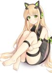  animal_ears bangs bare_shoulders barefoot blonde_hair blush bow cat_ear_headphones cat_ears cat_girl cat_tail closed_mouth commentary eyebrows_visible_through_hair girls_frontline green_bow green_eyes grey_leotard hair_between_eyes headphones highres leg_hug leotard long_hair looking_at_viewer seventeen_(st17215) tail tail_bow tail_raised tmp_(girls_frontline) very_long_hair white_background 