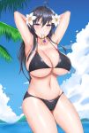  armpits bikini black_bikini black_hair blush breasts cleavage commentary_request flower hair_flower hair_ornament hair_tie_in_mouth highres huge_breasts mouth_hold navel persephone_(p&amp;d) puzzle_&amp;_dragons r_k_kn swimsuit 