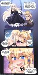  2girls :d @_@ bare_shoulders black_dress black_gloves blank_eyes blonde_hair blue_eyes blush bowsette bracelet breasts cleavage cleavage_cutout collarbone comic commentary crown dark_persona dress earrings elbow_gloves english english_commentary eyebrows_visible_through_hair fang fate_(series) flying_sweatdrops forked_eyebrows frown gloves heart_cutout highres hinghoi horns jewelry kiss long_hair looking_at_viewer mario_(series) multiple_girls new_super_mario_bros._u_deluxe open_mouth pointy_ears ponytail princess_peach saliva saliva_trail sharp_teeth sitting smile spoken_exclamation_mark super_crown super_mario_bros. sweatdrop teeth thick_eyebrows yellow_eyes yuri 