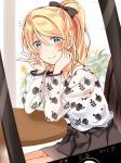  ayase_eli black_bow black_skirt blonde_hair blue_eyes blush bow cellphone chin_rest collarbone commentary_request elbows_on_table eyebrows_visible_through_hair hair_between_eyes hair_bow hands_on_own_cheeks hands_on_own_face long_sleeves looking_at_viewer love_live! love_live!_school_idol_project mogu_(au1127) notice_lines phone phone_screen ponytail see-through_sleeves shirt sidelocks sitting skirt smartphone smile solo table w white_shirt 