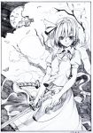  black_border border bow bowtie closed_mouth commentary_request dated full_moon graphite_(medium) greyscale hair_ornament hairband holding holding_sword holding_weapon katana konpaku_youmu konpaku_youmu_(ghost) looking_at_viewer monochrome moon outdoors pink_x puffy_short_sleeves puffy_sleeves scan short_hair short_sleeves skirt solo sword touhou traditional_media tree weapon wind 