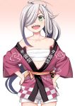  ahoge asashimo_(kantai_collection) commentary_request cowboy_shot fan gradient gradient_background grey_eyes hair_over_one_eye hands_on_hips happi japanese_clothes kantai_collection kumadano long_hair looking_at_viewer open_mouth pink_background ponytail sarashi sharp_teeth shorts silver_hair solo teeth white_background white_shorts 