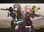  :d aircraft assault_rifle bangs black_jacket black_jumpsuit black_legwear black_skirt brown_eyes brown_hair character_name commentary_request dinergate_(girls_frontline) dress_shirt eyebrows_visible_through_hair girls_frontline gun h&amp;k_ump45 hair_between_eyes hair_ornament headgear helicopter highres holding holding_gun holding_weapon ivan_wang jacket long_hair long_sleeves m4_carbine m4_sopmod_ii m4_sopmod_ii_(girls_frontline) mod3_(girls_frontline) multicolored_hair multiple_girls object_namesake one_eye_closed one_side_up open_clothes open_jacket open_mouth parted_lips pleated_skirt puffy_long_sleeves puffy_sleeves red_eyes red_hair rifle ro635_(dinergate) sand scar scar_across_eye shirt short_jumpsuit skirt smile standing streaked_hair thighhighs ump45_(girls_frontline) very_long_hair weapon white_shirt 