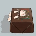  barefoot blush_stickers brown_eyes brown_hair chocolate closed_mouth commentary_request costume ebimomo english grey_background jitome lowres lying on_back original solo 