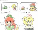  3girls black_dress blonde_hair bowser bowser_peach bowsette bracelet character_name collar commentary_request comparison crown dress drizzle_and_sun english eyebrows_visible_through_hair fangs genderswap genderswap_(mtf) green_dress hat horns jewelry long_hair mario_(series) multiple_girls new_super_mario_bros._u_deluxe ponytail possessed princess_peach prototype red_hair simple_background smile spiked_bracelet spiked_collar spikes super_crown super_mario_odyssey transformation typo white_background 