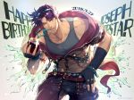  bandages battle_tendency belt blue_eyes character_name crazy_straw cup dated drinking_glass drinking_straw eyewear_on_head fingerless_gloves glass gloves happy_birthday heart_straw jojo_no_kimyou_na_bouken joseph_joestar_(young) kuren male_focus one_eye_closed purple_hair solo sunglasses typo 