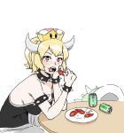  alcohol beer beer_can bowsette bracelet can collar commentary_request crown dress eating heineken highres jewelry long_hair mario_(series) matches new_super_mario_bros._u_deluxe osatou power-up sharp_teeth simple_background solo spiked_armlet spiked_bracelet spiked_collar spiked_shell spiked_tail spikes strapless strapless_dress super_crown table tail teeth turtle_shell white_background 