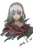  altera_(fate) bangs blunt_bangs closed_mouth collarbone commentary_request dark_skin eyebrows_visible_through_hair fate/grand_order fate_(series) grey_hair headdress highres looking_at_viewer partial_commentary red_eyes red_scarf scarf short_hair simple_background solo tan ten_no_hoshi veil 