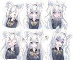  1girl :d ahoge animal_ear_fluff animal_ears bangs black_jacket black_sailor_collar blush closed_eyes closed_mouth collarbone crossed_arms crying expressions eyebrows_visible_through_hair facing_viewer flower_knot fox_ears fox_girl giving_up_the_ghost grey_eyes hair_between_eyes hands_up highres jacket long_hair long_sleeves multiple_views neckerchief nose_blush open_mouth original parted_lips ping_myu_ring_(tandohark) sailor_collar school_uniform serafuku silver_hair simple_background sleeves_past_wrists smile surprised tandohark tears upper_body wavy_mouth white_background yellow_neckwear 