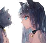  animal animal_ear_fluff animal_ears artist_name bangs bare_shoulders bell black_cat black_hair blue_eyes blush cat cat_ears cat_girl closed_mouth collar commentary_request eyebrows_visible_through_hair from_side highres holding holding_cat jingle_bell kisei2 long_hair original profile simple_background solo upper_body whiskers white_background 
