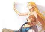  1girl artist_name bare_shoulders blonde_hair blue_tunic bracelet bracer breasts closed_eyes closed_mouth commentary_request dress eorinamo green_eyes hand_up jewelry link long_hair lying lying_on_person medium_breasts necklace on_back pants pointy_ears princess_zelda sleeveless sleeveless_dress strap strapless strapless_dress the_legend_of_zelda the_legend_of_zelda:_breath_of_the_wild tunic unconscious very_long_hair white_dress 