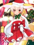  1girl alternate_costume animal_ears arm_at_side bangs black_hair blonde_hair blush bow bowtie cape christmas christmas_tree commentary detached_sleeves dress dress_lift extra_ears eyebrows eyebrows_visible_through_hair fennec_(kemono_friends) fox_ears fox_tail fur-trimmed_cape fur-trimmed_sleeves fur_trim gift gloves green_legwear hand_up hat highres kemono_friends kinou_no_shika lifted_by_self looking_at_viewer medium_hair multicolored_hair open_mouth pom_pom_(clothes) red_dress santa_costume santa_gloves santa_hat short_dress smile solo standing strapless strapless_dress tail thighhighs upper_body white_gloves white_hair yellow_legwear zettai_ryouiki 