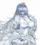  1girl blue_hair breasts cleavage crown dress earrings gond jewelry large_breasts long_hair mario_(series) new_super_mario_bros._u_deluxe nintendo princess_king_boo red_eyes solo super_crown white_dress white_hair white_skin 
