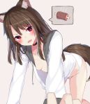 animal_ear_fluff animal_ears areola_slip areolae blurry blush boned_meat breasts brown_hair commentary depth_of_field fangs food highres hood hood_down hooded_jacket hoodie jacket long_hair meat mizuki_ryuu no_pants open_mouth original panties red_eyes small_breasts solo spoken_food tail underwear v-shaped_eyebrows white_jacket white_panties wolf_ears wolf_girl wolf_tail 
