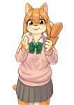  1girl 848siba brown_hair dog eating furry green_eyes long_hair pork school_uniform solo tongue 