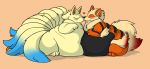  &lt;3 ambiguous_gender arcanine belly big_belly duo ear_piercing eyes_closed feral geckomania kissing morbidly_obese ninetales nintendo obese overweight piercing pok&eacute;mon pok&eacute;mon_(species) smile tail_mouth video_games 
