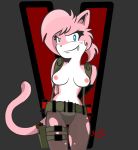  aeris_(vg_cats) anthro blue_eyes breasts cat cleavage clothed clothing crossover cute_fangs feline female fur gun hair handgun humanoid konami legwear looking_at_viewer mammal metal_gear navel nipples pink_fur pink_hair pussy quiet_(metal_gear) ranged_weapon simple_background skimpy smile solo standing stockings topless torn_clothing unknown_artist vg_cats video_games weapon webcomic white_fur 