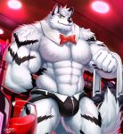  2018 abs absurd_res anthro biceps bovine canine cattle clothing digital_media_(artwork) duo fur hi_res hyper hyper_muscles male mammal muscular muscular_male ohayashi55 pecs solo_focus 