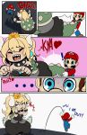  1boy 1girl awkward blonde_hair blue_eyes blush bowsette breasts cabbie_hat cleavage comic commentary crown dress drow_tales english english_commentary facial_hair gameplay_mechanics gao half-closed_eyes hat heart highres horns jumping mario mario_(series) mustache new_super_mario_bros._u_deluxe pulling shadow shell super_crown super_mario_64 suspenders sweatdrop tail tail_pull 
