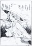  :d absurdres black_border border commentary_request dated eyebrows_visible_through_hair graphite_(medium) grass greyscale hat highres long_sleeves looking_at_viewer monochrome moriya_suwako open_mouth pink_x scan skirt smile solo touhou traditional_media vest wide_sleeves 