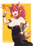  2018 5_fingers blue_eyes bowser bowsette_meme bracelet breasts cleavage clothed clothing collar crossgender dress eyebrows_visible_through_hair eyelashes female fire hair horn humanoid jefflink0113 jewelry koopa looking_at_viewer mario_bros nails nintendo nipple_bulge open_mouth pointy_ears ponytail red_hair scalie sharp_teeth solo spiked_armlet spiked_bracelet spiked_collar spiked_shell spiked_tail spikes super_crown teeth video_games 