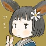  animal_ears blue_shirt bunny_ears closed_mouth commentary_request daisy ebimomo flower grey_eyes grey_hair grey_sailor_collar hair_flower hair_ornament jitome light_blush lowres original sailor_collar shirt short_hair simple_background solo v white_flower yellow_background 