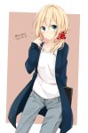  blonde_hair blouse blue_coat blue_eyes blush coat collarbone cowboy_shot dated denim eyebrows_visible_through_hair hair_ornament hair_scrunchie holding jeans looking_at_viewer original pants polka_dot polka_dot_scrunchie red_scrunchie scrunchie shiina_kuro solo standing twitter_username white_blouse 