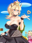  2girls absurdres blonde_hair blown_kiss blue_sky blush bowsette breasts cleavage commentary crown danfer3 dress fingernails highres large_breasts mario_(series) multiple_girls new_super_mario_bros._u_deluxe o_o parted_lips princess_peach sharp_fingernails shell skirt skirt_lift sky sleeveless sleeveless_dress strapless strapless_dress super_crown super_mario_bros. sweatdrop tail 