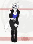  2018 5_fingers acid-rain-cloud angry anthro big_breasts black_sclera blue_eyes boots breasts canine clothed clothing female footwear fur gesture insult jacket looking_at_viewer luna_santiago_(lildredre) mammal middle_finger pants teeth white_fur wolf 