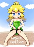  bangs bare_arms bare_shoulders barefoot blonde_hair blue_eyes blue_sky blush cloud crown day english eyebrows_visible_through_hair grin hair_between_eyes hair_flaps long_hair looking_at_viewer mario_(series) mini_crown new_super_mario_bros._u_deluxe outdoors personification sakurabe_notosu sitting sky smile solo super_crown translation_request warp_pipe 