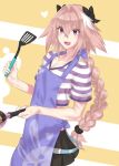  apron astolfo_(fate) black_bow black_ribbon blush bow braid cooking fang fate/apocrypha fate_(series) frying_pan hair_intakes hair_ribbon highres holding long_braid long_hair looking_at_viewer male_focus mizuumi_(bb) multicolored_hair open_mouth otoko_no_ko pink_hair purple_eyes ribbon single_braid smile solo streaked_hair 