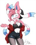  2018 anthro anthrofied big_breasts blue_eyes blush breasts cleavage clothed clothing digital_media_(artwork) eeveelution female fur hair hamsteroftime hi_res looking_at_viewer mammal navel nintendo one_eye_closed open_mouth pok&eacute;mon pok&eacute;mon_(species) pok&eacute;morph ribbons simple_background smile solo standing sylveon tongue underwear undressing video_games white_background white_fur wink 