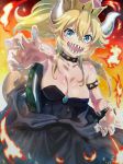  :d bangs bare_shoulders black_dress blonde_hair blue_eyes bowsette bracelet breasts cleavage collar commentary_request crown dress fingernails fire hair_between_eyes highres horns jewelry large_breasts long_hair mario_(series) nail_polish new_super_mario_bros._u_deluxe open_mouth pink_x pointy_ears ponytail sharp_fingernails sharp_teeth smile solo spiked_bracelet spiked_collar spikes super_crown teeth white_nails 