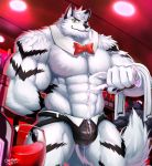  2018 abs absurd_res anthro biceps bovine canine cattle clothing digital_media_(artwork) duo fur hi_res hyper hyper_muscles male mammal muscular muscular_male ohayashi55 pecs solo_focus 