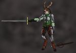  4_fingers anthro antlers armor belt brown_fur brown_nose cervine clothed clothing cloven_hooves couter feidhail fully_clothed fur gauntlets gloves greatsword holding_object holding_weapon hooves horn inner_ear_fluff male mammal orange_eyes pants poleyn scabbard solo vest vulkalu weapon 
