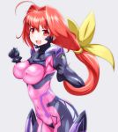  ahoge bangs blush bodysuit bow breasts clenched_hands commentary_request covered_navel covered_nipples cropped_legs danpu eyebrows_visible_through_hair hair_bow hair_intakes hands_up highres impossible_bodysuit impossible_clothes kagami_sumika large_breasts long_hair looking_at_viewer low_ponytail muvluv muvluv_alternative open_mouth partial_commentary pilot_suit pink_bodysuit ponytail red_eyes red_hair shiny shiny_clothes simple_background skin_tight solo very_long_hair yellow_bow 
