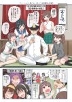  admiral_(kantai_collection) ahoge alcohol alternate_costume ashigara_(kantai_collection) bad_proportions beer_can blue_hair blush bottle brown_hair can casual comic commentary_request crossed_legs cup drinking_glass feeding food green_eyes hair_ribbon hairband hiei_(kantai_collection) highres holding holding_cup i-19_(kantai_collection) indoors jun'you_(kantai_collection) kantai_collection kongou_(kantai_collection) kuma_(kantai_collection) licking_lips long_hair mimofu_(fullhighkick) multiple_girls no_legwear ooyodo_(kantai_collection) open_mouth pantyhose pouring purple_eyes purple_hair ribbon ryuujou_(kantai_collection) sake school_swimsuit school_uniform serafuku short_hair sitting spiked_hair sweat sweater swimsuit tongue tongue_out translated tri_tails you_gonna_get_raped 