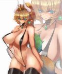  1girl blonde_hair blue_eyes bowsette breasts crown earrings gond horns inset jewelry large_breasts mario_(series) navel new_super_mario_bros._u_deluxe nintendo pointy_ears ponytail sling_bikini solo super_crown thighhighs white_background zoom_layer 