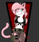  aeris_(vg_cats) anthro blue_eyes breasts cat cleavage clothed clothing crossover cute_fangs feline female fur gun hair handgun humanoid konami legwear looking_at_viewer mammal metal_gear navel panties pink_fur quiet_(metal_gear) ranged_weapon simple_background skimpy smile solo standing stockings torn_clothing underwear vg_cats video_games weapon webcomic white_fur 