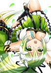  alice360 armpits breasts elf elsword eyebrows_visible_through_hair flower green_eyes green_hair green_sleeves hair_flower hair_ornament highres large_breasts long_hair open_mouth pointy_ears rena_(elsword) side_ponytail solo upside-down wind_sneaker_(elsword) 