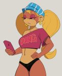  anthro ape blonde_hair brown_fur clothed clothing crop_top donkey_kong_(series) ear_piercing female fridge_(artist) fully_clothed fur hair hat kong makeup mammal navel nintendo panties phone piercing primate shirt solo tiny_kong underwear video_games 